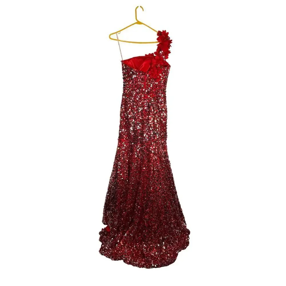 Tiffany Designs 4 Dress Sequin Red One Shoulder Dramatic Mermaid Floral Gown - Picture 4 of 8